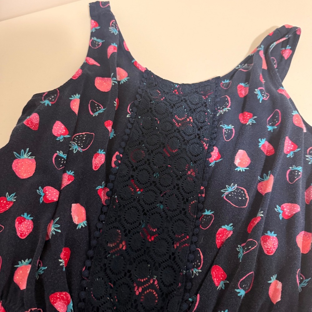 Wonder Nation Girls XL 14-16 Plus Strawberry Print Lace Trim Romper Navy Blue